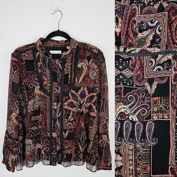 Coldwater Creek Tops - Coldwater Creek Women’s Sheer Boho Paisley Blouse PL Petite Large Whimsical Fall